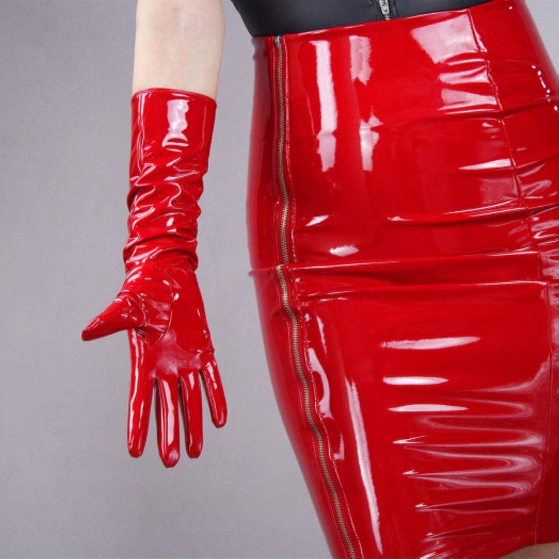 DooWay Sexy Women Shine Red Gloves Faux Patent Leather Wet Look Cosplay Costume Wedding Party Lady Gloves (Red 40cm) - Image 4